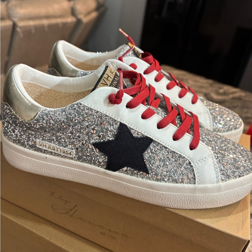 Vintage Havana Silver Glitter Sneakers with Red Laces